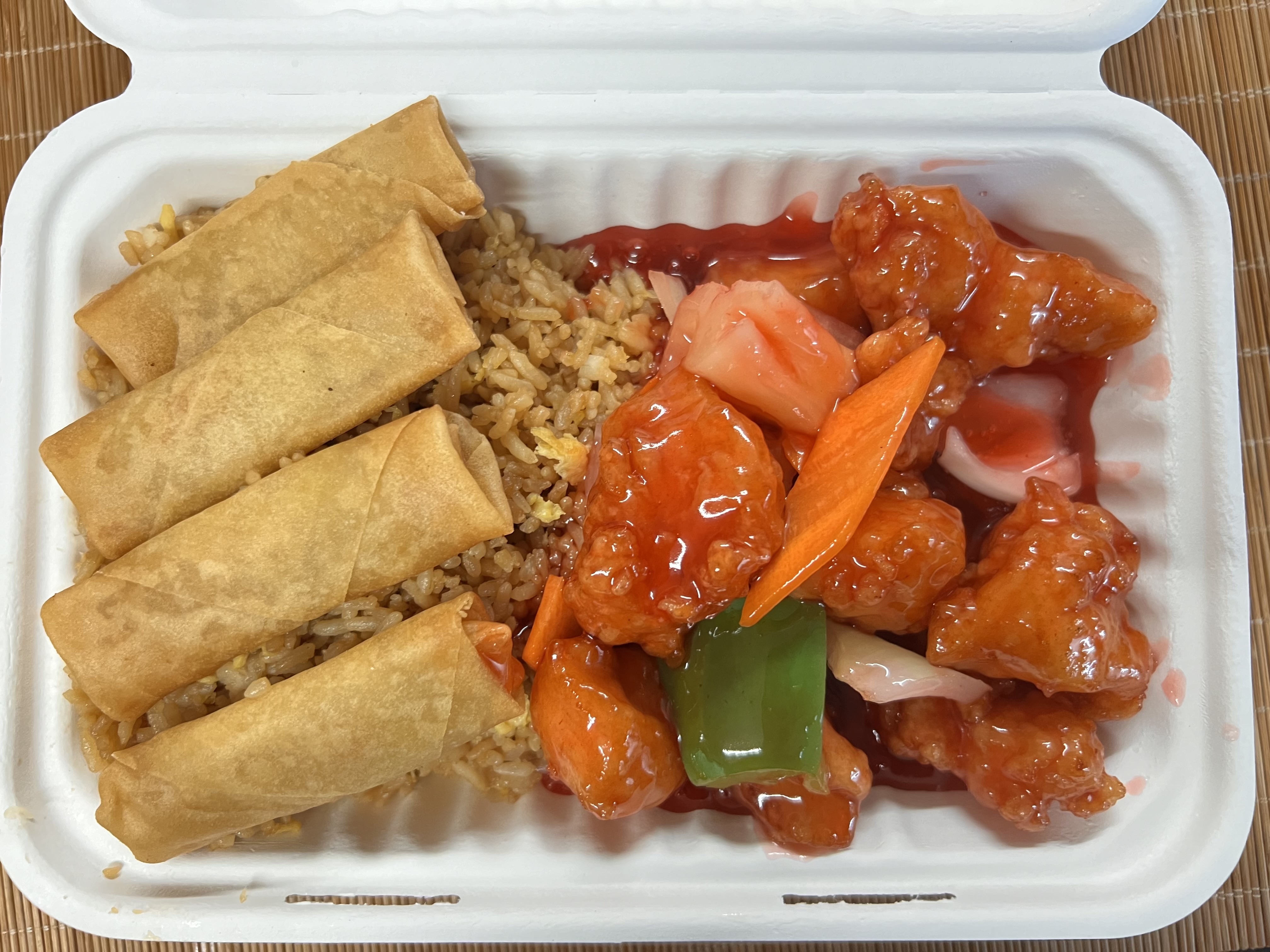 Sweet & Sour Chicken with Egg Fried Rice & Spring Rolls