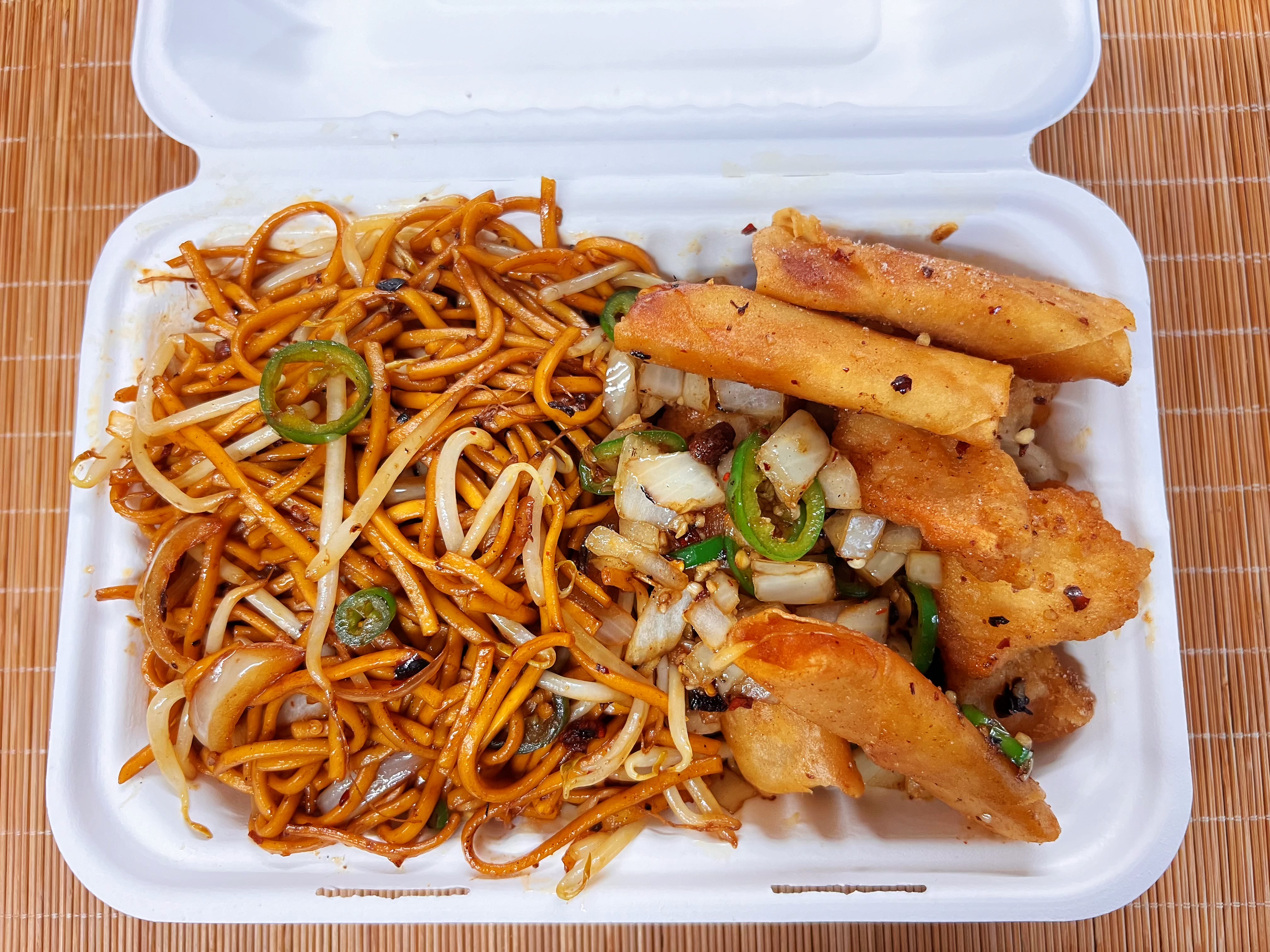 Salt and pepper chicken, salt and pepper noodle and 4 mini salt and pepper spring roll