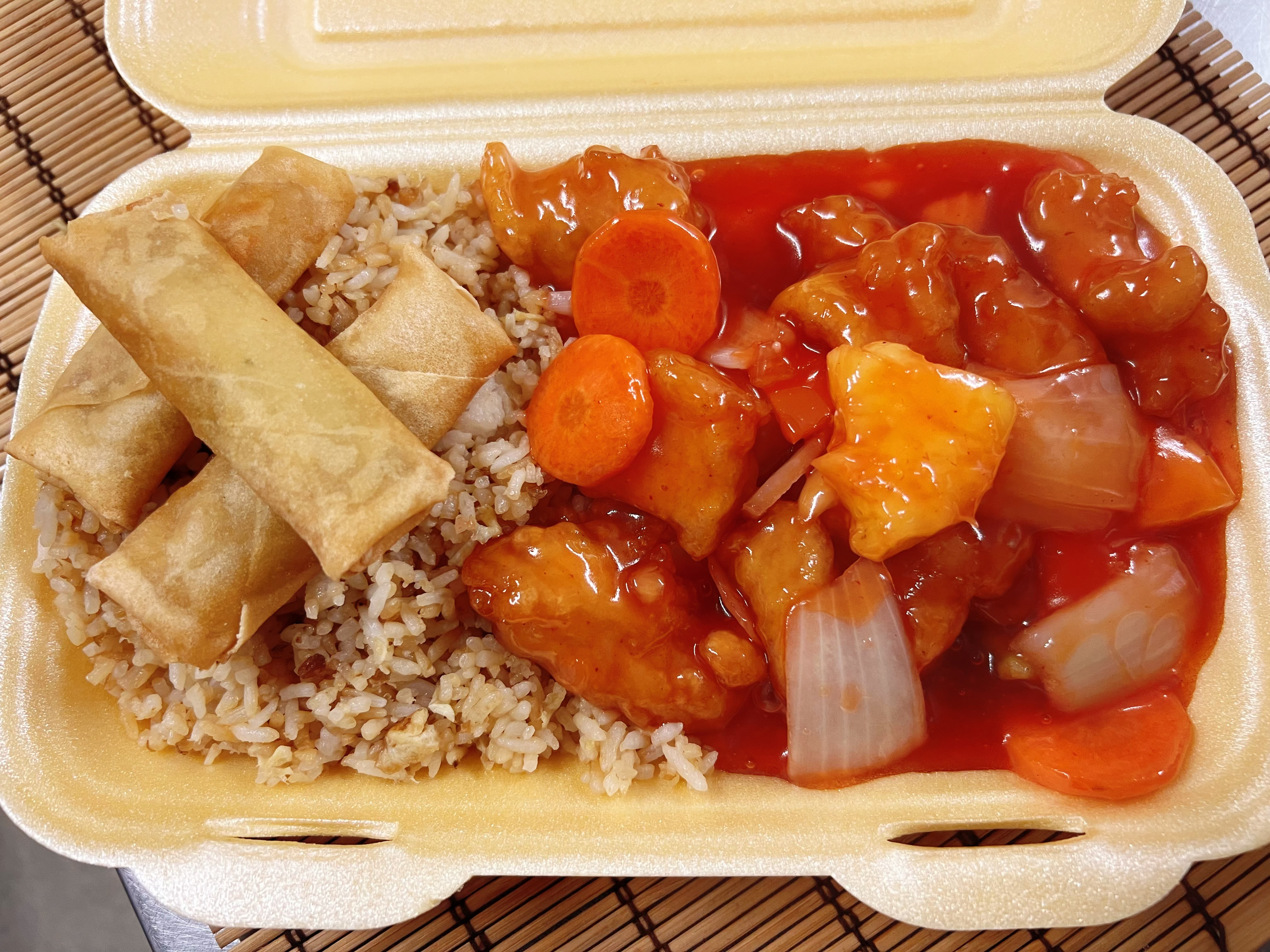 Sweet & Sour Chicken with Egg Fried Rice & Spring Rolls